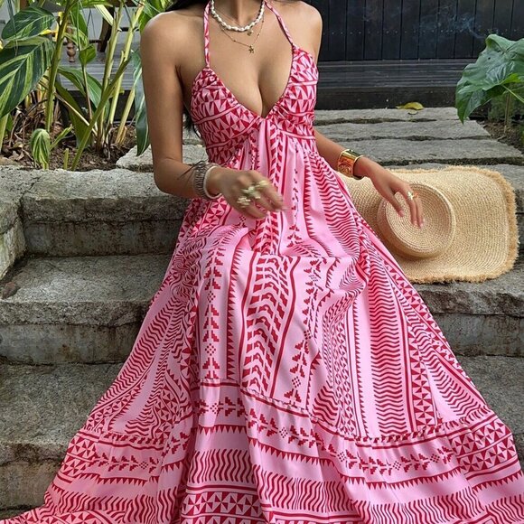 Dresses & Skirts - Boho Pink Women's Deep V-Neck Halter Digital Print Dress